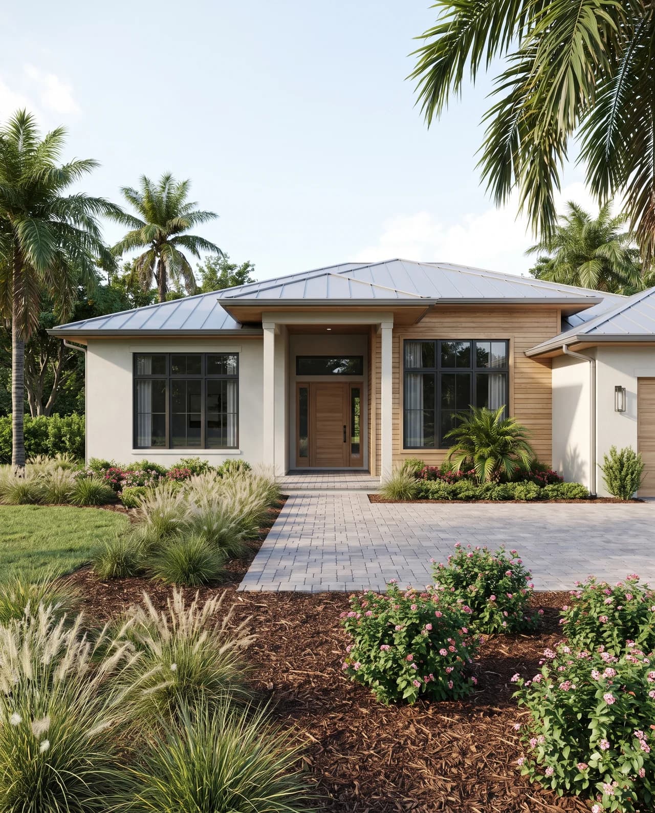 A modern Central Florida home with palm trees and lush landscaping